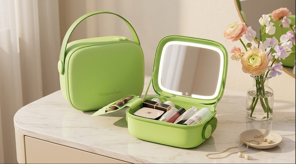 Le GLOWY - trousse de maquillage avec miroir LED Fungoofun, coloris jaune, mise en situation
