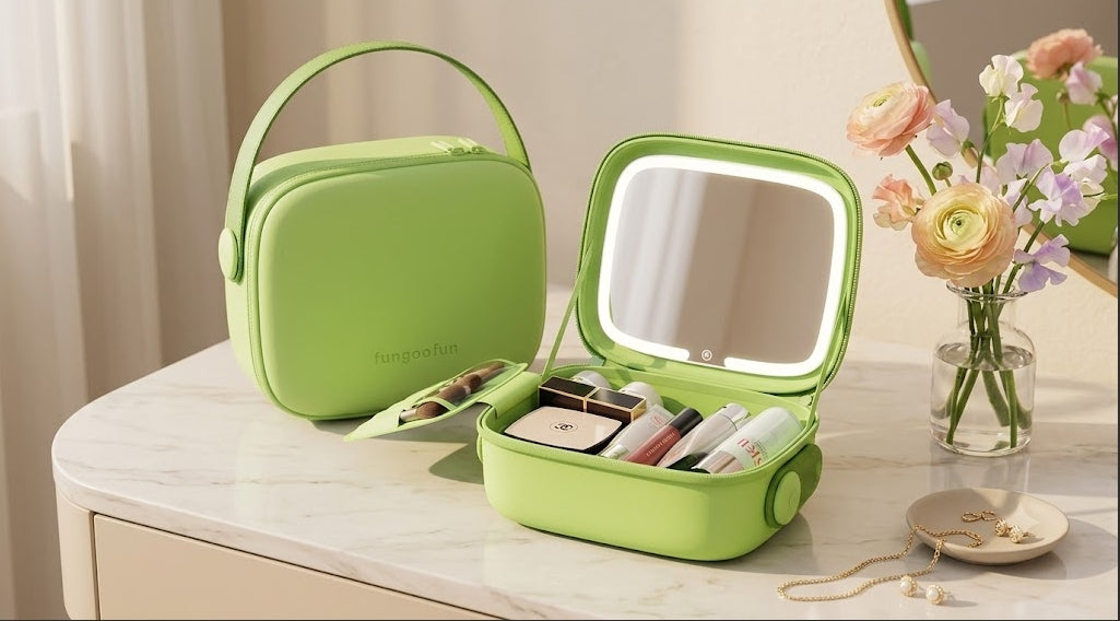 Le GLOWY - trousse de maquillage avec miroir LED Fungoofun, coloris jaune, mise en situation