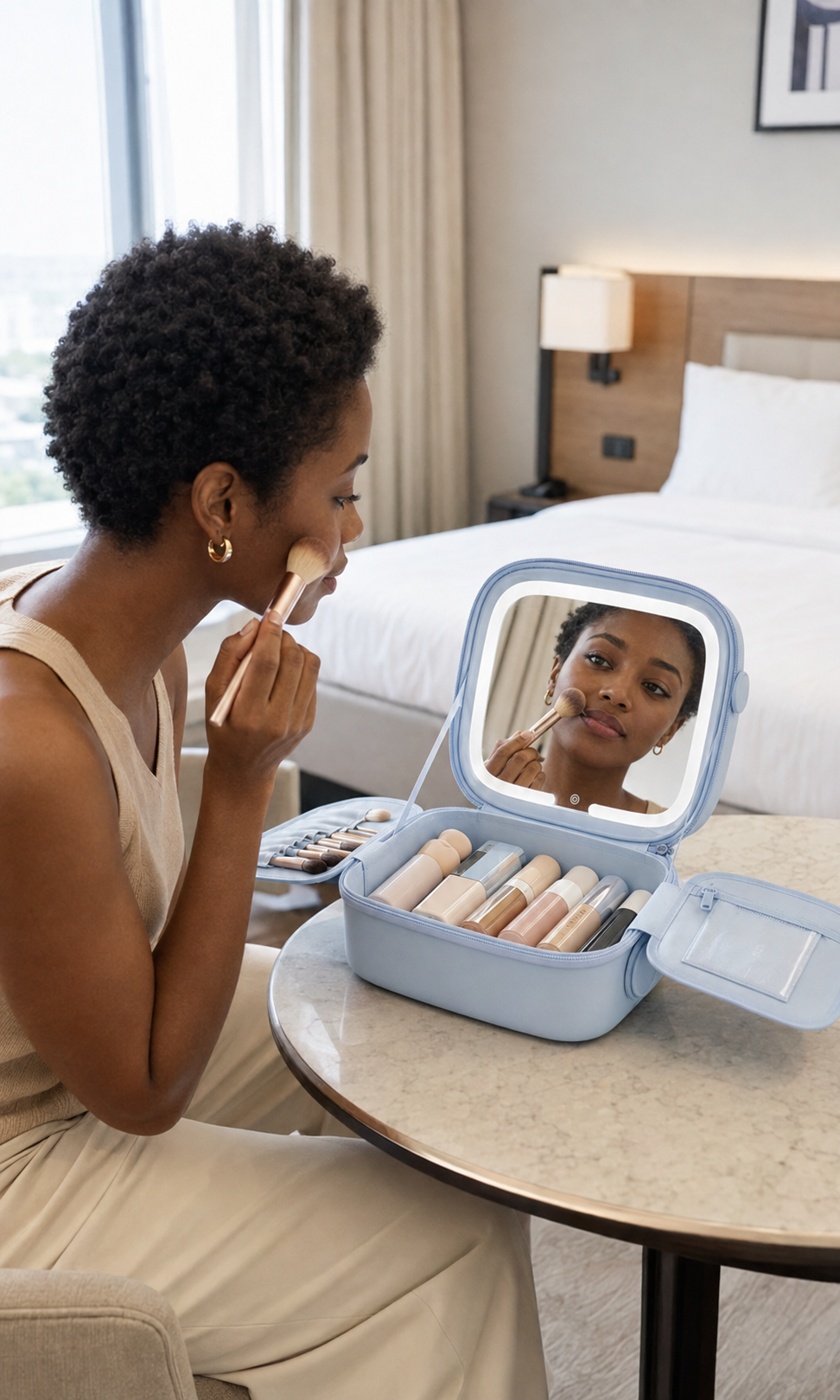 Vanity GLOWY bleu utilisé en voyage avec miroir LED intégré