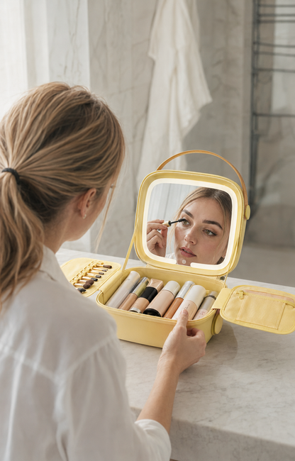 Vanity GLOWY jaune utilisé avec son miroir LED intégré