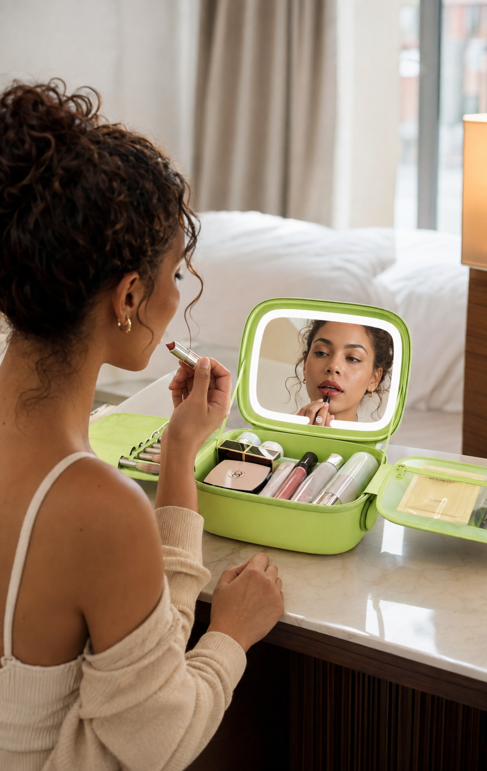 Vanity GLOWY vert ouvert avec miroir LED et rangements maquillage