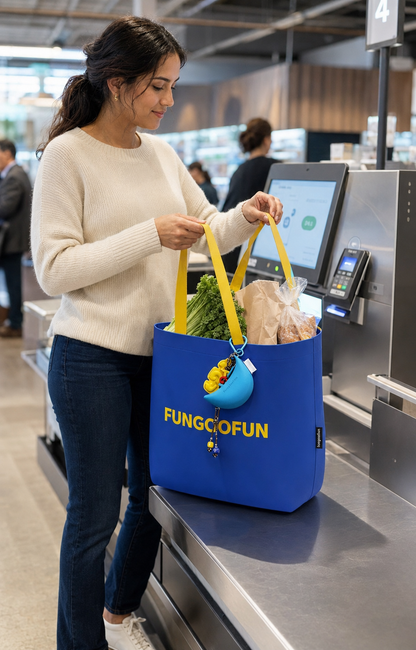 Cabas MARKET’FUN bleu et jaune utilisé à la caisse avec Moony inclus