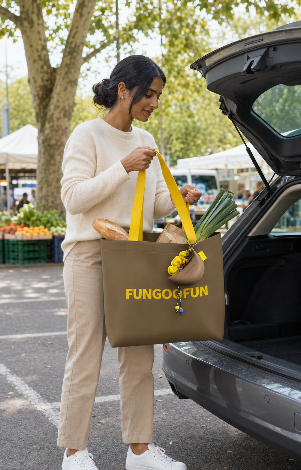 Cabas MARKET’FUN marron rangé dans le coffre après les courses avec Moony inclus