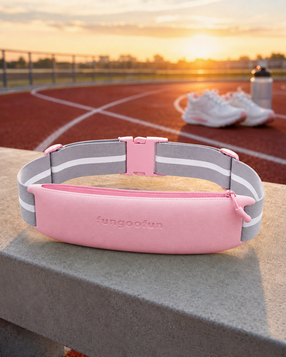 Banane sport RUNNY rose avec ceinture réfléchissante sur une piste de running