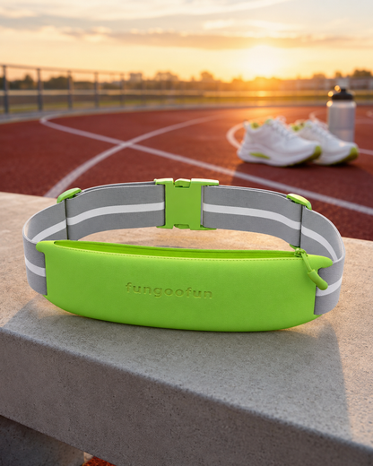 Banane sport RUNNY verte avec ceinture réfléchissante sur une piste de running