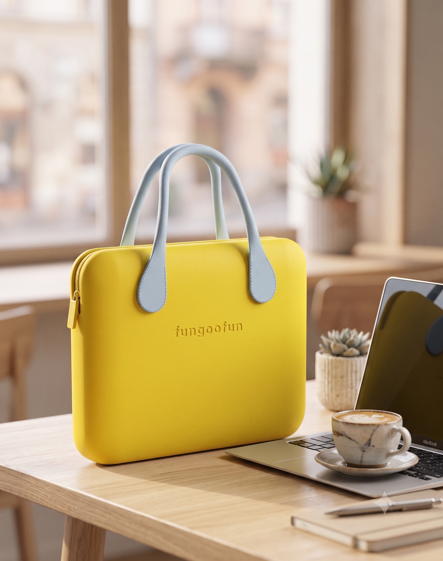 Le SUNNY - housse PC portable 16 pouces jaune, style kawaii Fungoofun, mise en situation bureau